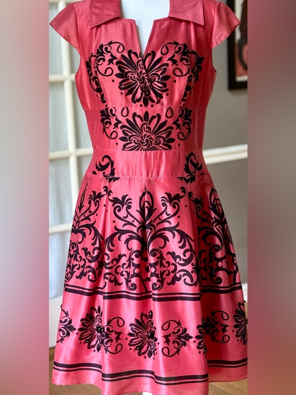 Coral Satin Fit Flare Dress Black Baroque Print Retro Collared Party